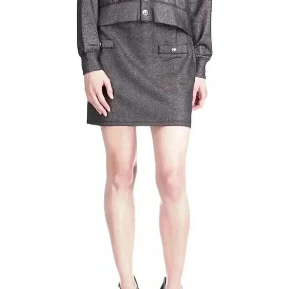 MICHAEL KORS  HEATHERED BUTTON-TRIM BLACKSILVER SHIMMER MINI SKIRT - Picture 1 of 5